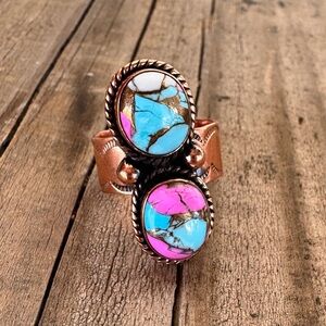 Cotton Candy Turquoise Double Stone Copper Ring • Adjustable • Boho Western